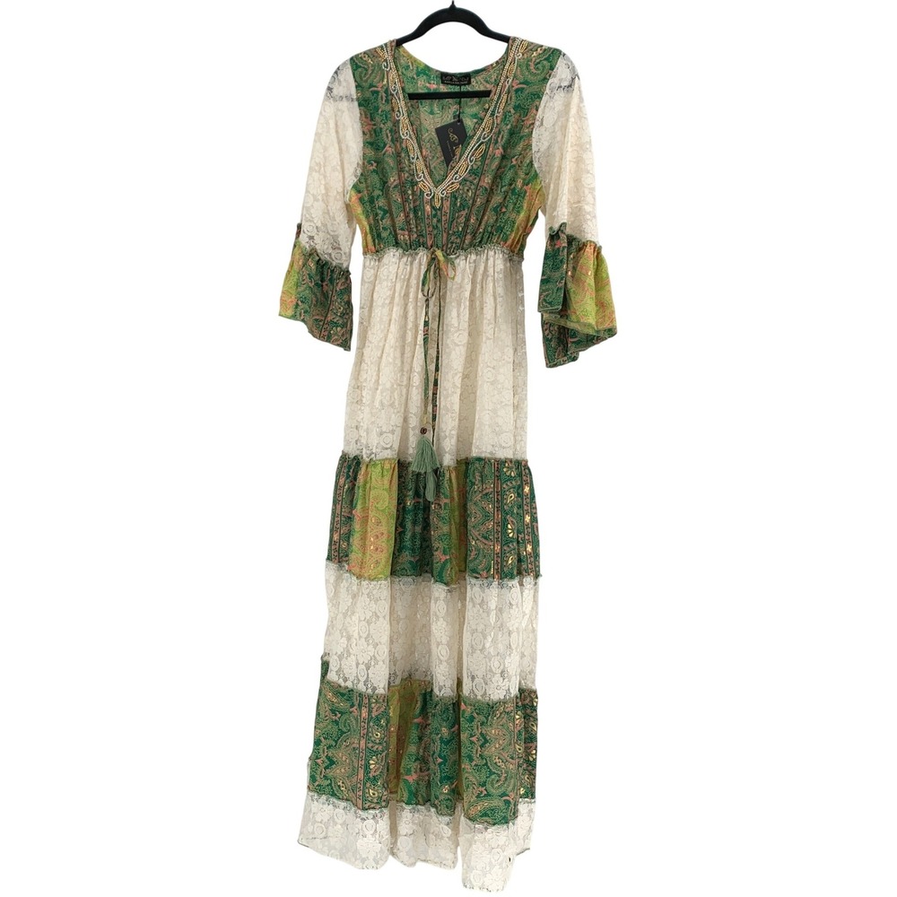 Nazila Couture Silk Blend Green Paisley Lace Beaded Maxi Dress Boho Tiered NEW